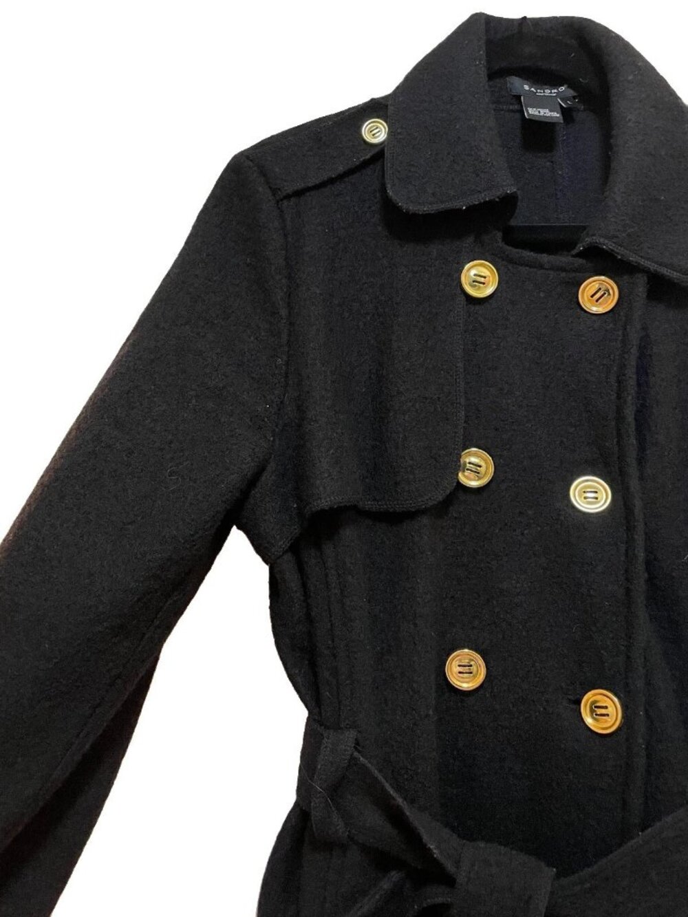 SANDRO Black 100% Wool Double Breasted Gold Button Peacoat Sz L - Picture 7 of 11